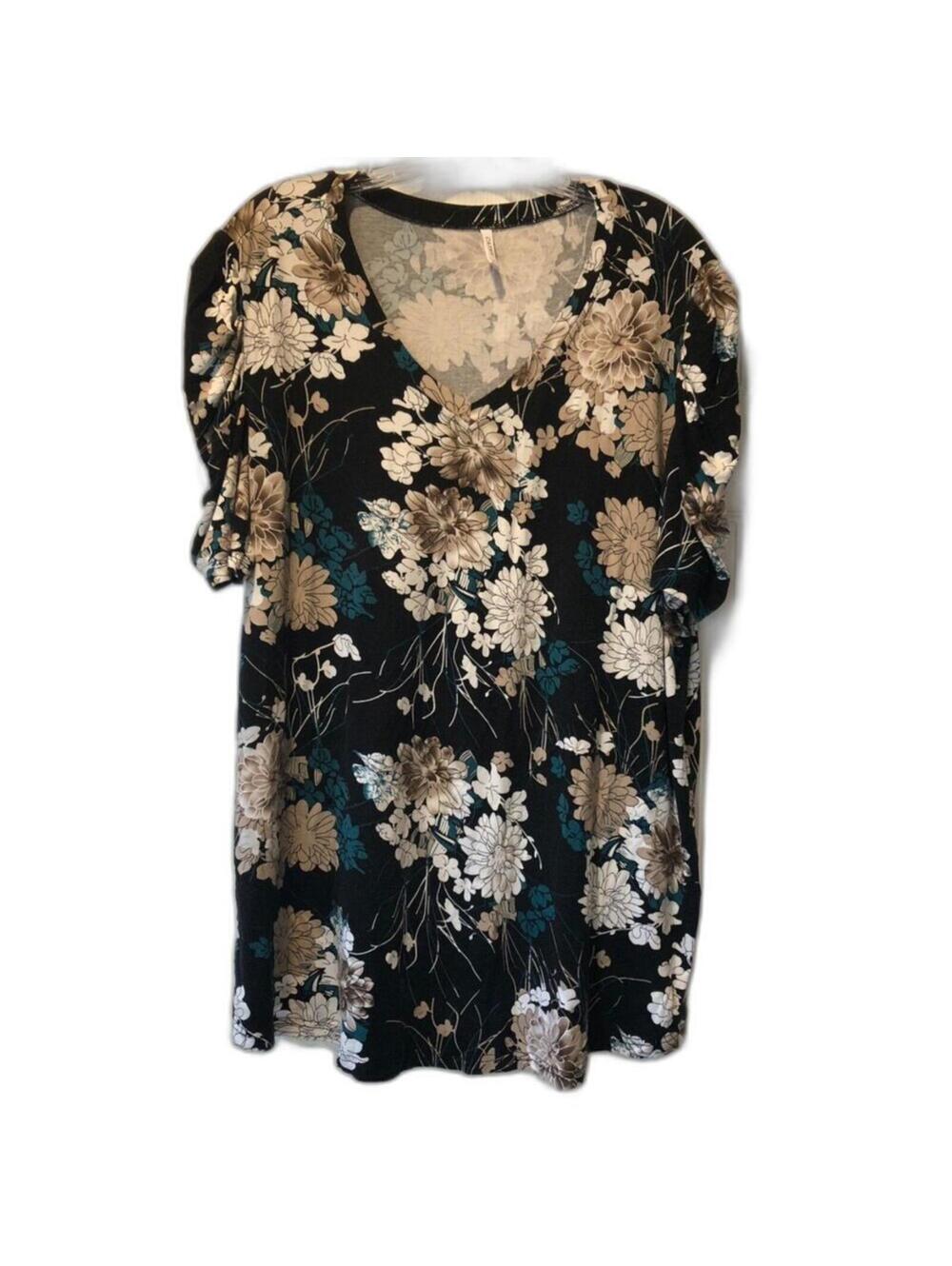 Cathy Plus Size Floral Top 3XL Flowy Blakc Tan Teal Boho Chic